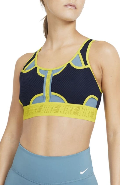 Shop Nike Dri-fit Swoosh Ultrabreathe Sports Bra In Navy/ Cerulean/ Yellow