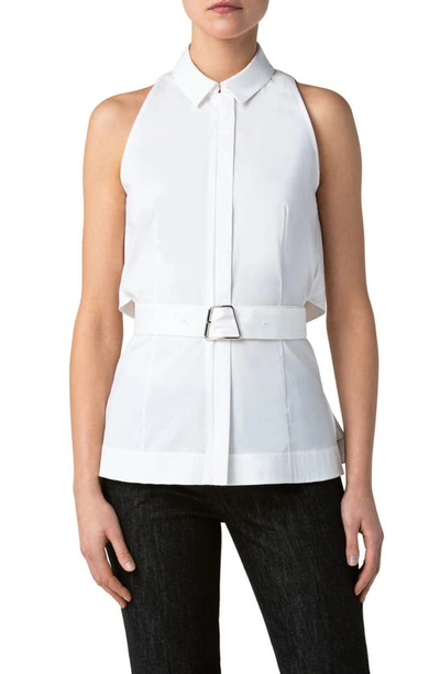 Shop Akris Belted Sleeveless Poplin Tunic Blouse In Ecru