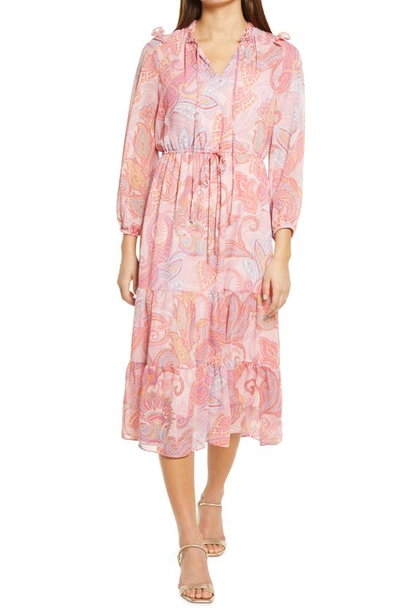 Shop Julia Jordan Long Sleeve Tiered Chiffon Midi Dress In Pink Multi