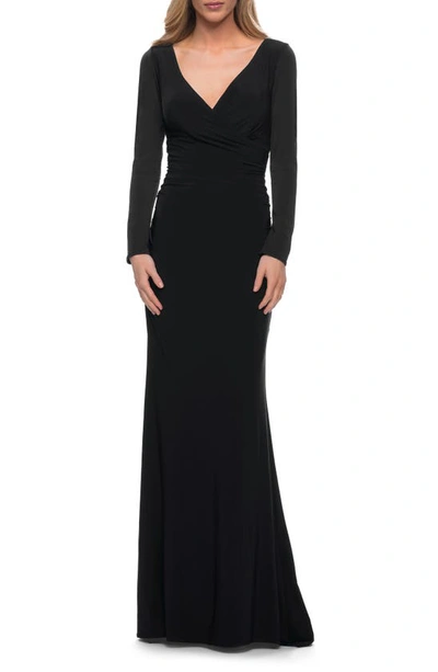 Shop La Femme Long Sleeve Ruched Jersey Gown In Black