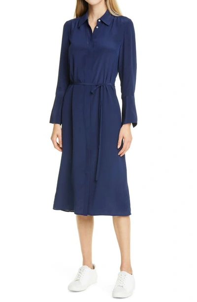 Shop Club Monaco Shirred Back Crepe De Chine Long Sleeve Shirtdress In Blue