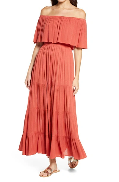 Shop Elan Off The Shoulder Ruffle Cover-up Maxi Dress In Auburn