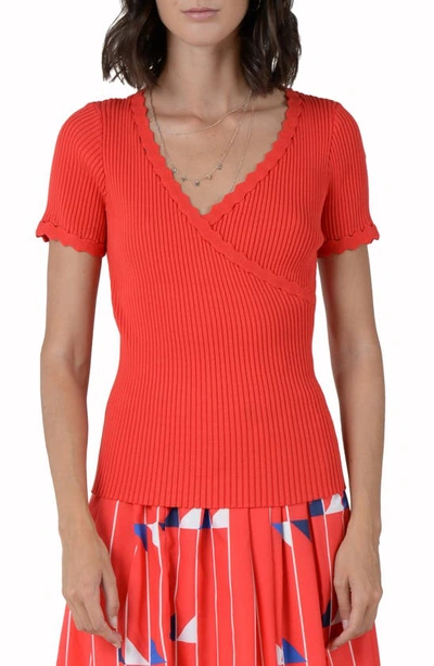 Shop Molly Bracken Ribbed Scalloped V-neck Sweater In Red
