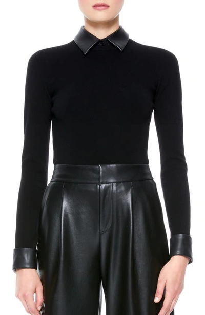 Shop Alice And Olivia Dory Faux Leather Detail Sweater In Black/ Black