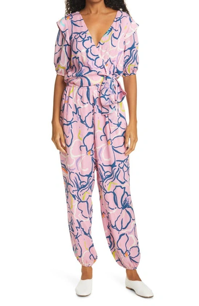Shop Tanya Taylor Virgil Squiggle Floral Puckered Silk Jumpsuit In Squiggle Floral Purple