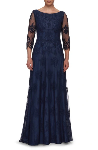 Shop La Femme Beaded Lace A-line Gown In Navy