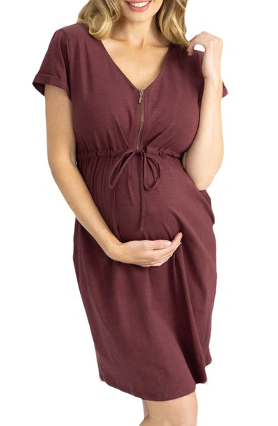 Shop Angel Maternity Zip Maternity/nursing Dress In Burgundy