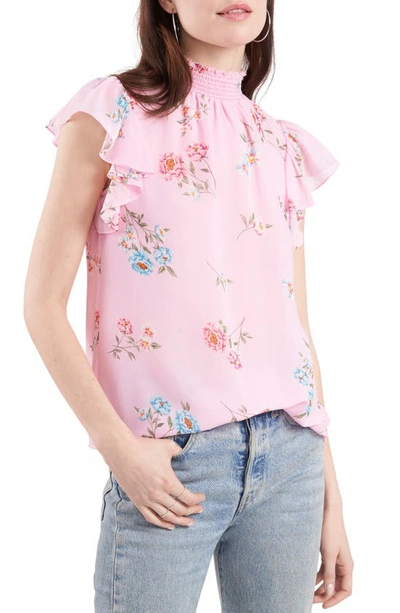 Shop 1.state Flutter Sleeve Smocked Neck Blouse In Prospect Blooms Peony Pink