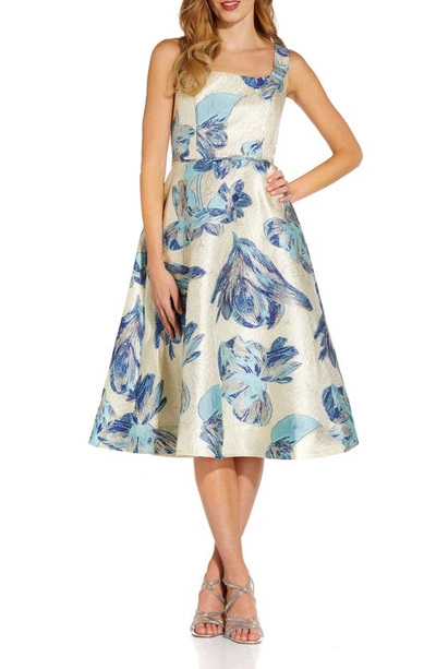 Shop Adrianna Papell Metallic Floral Jacquard Sleeveless Fit & Flare Cocktail Midi Dress In Parisian Blue