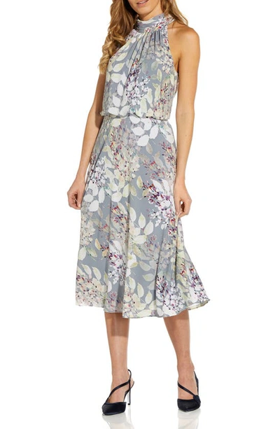 Shop Adrianna Papell Watercolor Floral Halter Neck Chiffon Midi Dress In Dusty Blue Multi