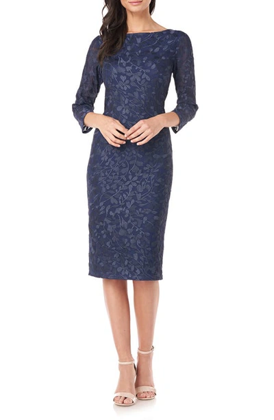 Shop Js Collections Leaf Embroidered Sheath Cocktail Dress In Navy