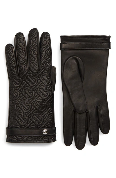 Shop Burberry Tb Monogram Quilted Cashmere Lined Leather Gloves In Black