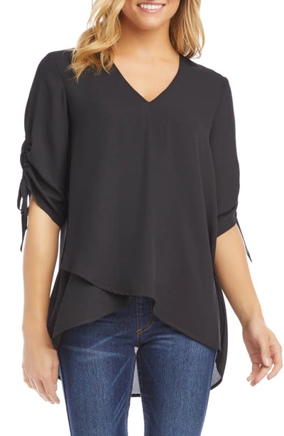 Shop Karen Kane Ruched Sleeve Asymmetrical Blouse In Black