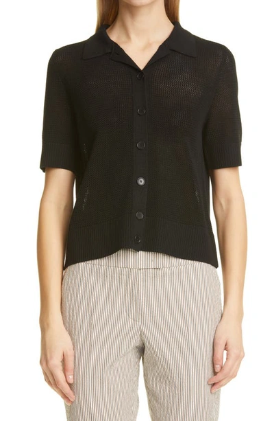 Shop Akris Punto Crochet Short Sleeve Wool Cardigan In Black