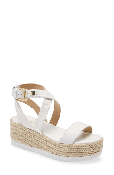 Shop Michael Michael Kors Lowry Platform Wedge Sandal In Optic White Leather/ Jute