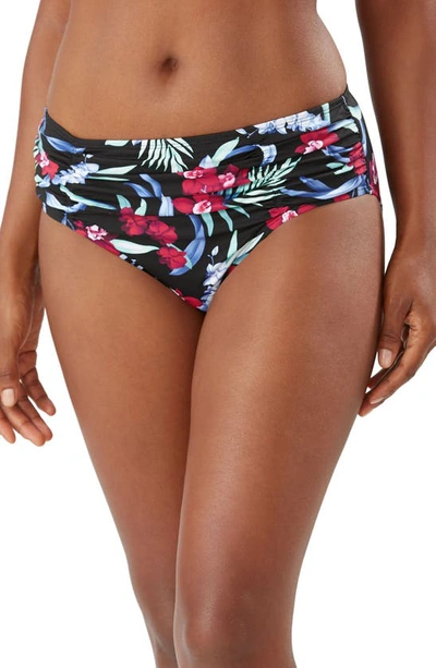 Shop Tommy Bahama Midnight Orchid Shirred High Waist Swim Bottoms In Black