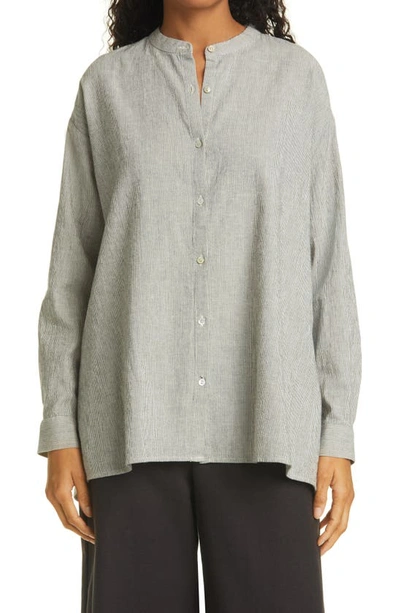 Shop Eileen Fisher Mandarin Collar Organic Cotton Blend Tunic Shirt In Beige