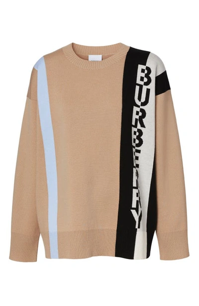 Shop Burberry Kadey Split Logo Stripe Merino Wool Blend Sweater In Soft Fawn