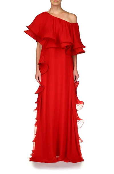 Badgley Mischka One-shoulder Pleated Ruffle Georgette Gown In Bright Siam