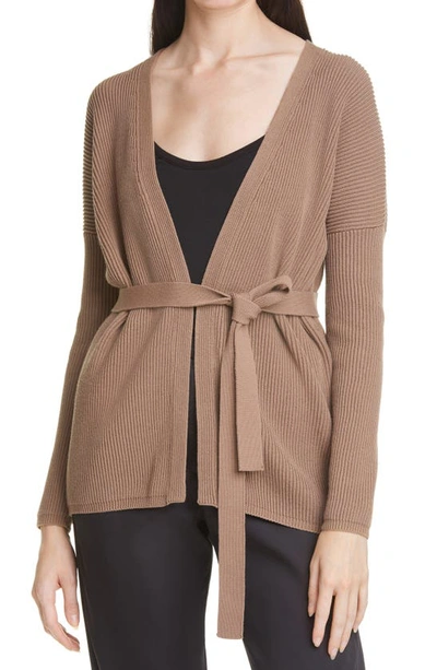 Shop Max Mara Belted Ribbed Cardigan In Beige