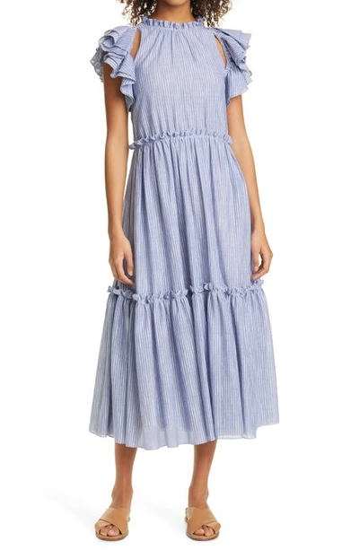 Shop Cinq À Sept Yanin Stripe Cotton Dress In Chambray Blue/ Ivory