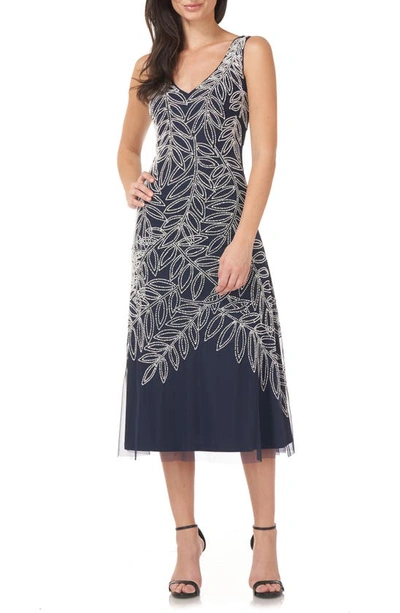 Shop Js Collections Beaded Sleeveless Midi Dress In Navy/ White