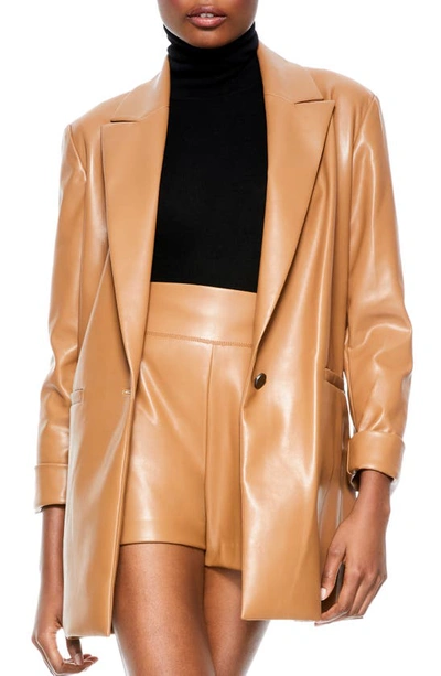 Shop Alice And Olivia Dunn Loose Fit Faux Leather One-button Blazer In Camel