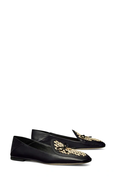 Shop Tory Burch Charm Woven Loafer In Perfect Black/ Oatmeal