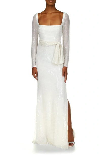 Shop Badgley Mischka Pinstripe Sequin Long Sleeve Gown In Ivory
