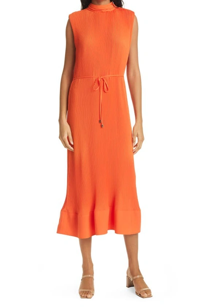 Shop Milly Melina Pleated Sleeveless Georgette Dress In Coral