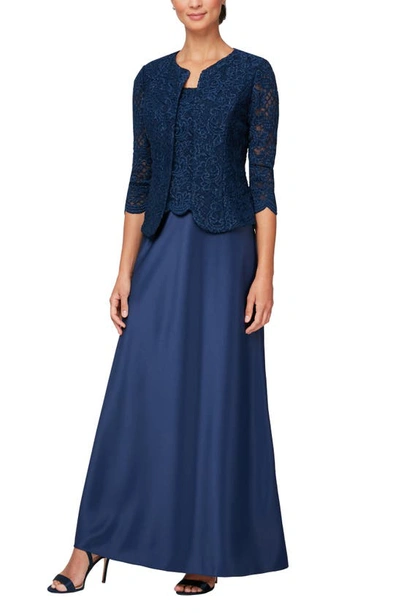 Shop Alex Evenings Embroidered Lace Mock Two-piece Gown With Jacket In Navy
