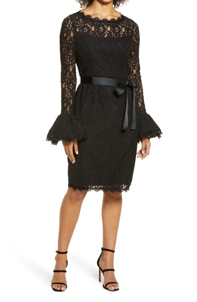 Shop Shani Long Sleeve Lace Sheath Dress In Black