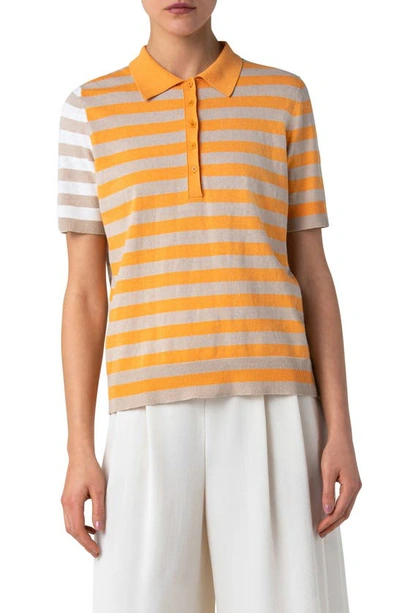 Shop Akris Punto Stripe Linen Blend Polo Sweater In Sunshine Pop-sand-cream