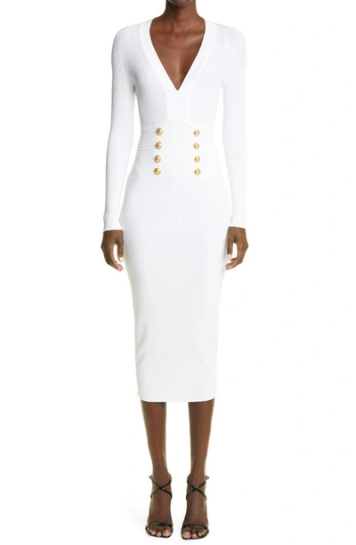 Shop Balmain Long Sleeve Midi Sweater Dress In Blanc