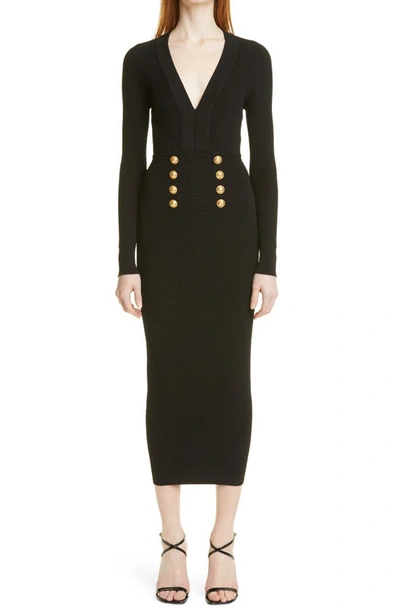 Shop Balmain Long Sleeve Midi Sweater Dress In Noir