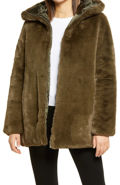 Shop Save The Duck Waterproof Reversible Hooded Faux Fur Coat In Bark Green/ 1988