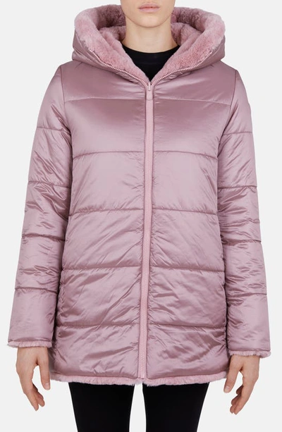 Shop Save The Duck Waterproof Reversible Hooded Faux Fur Coat In Blush Pink/ 996