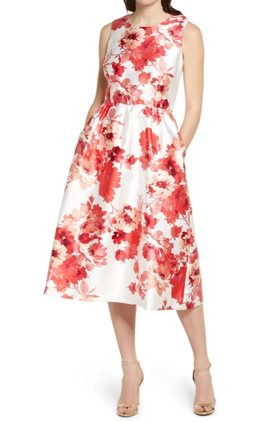 Shop Donna Ricco Floral Mikado Fit & Flare Dress In Ivory/ Coral