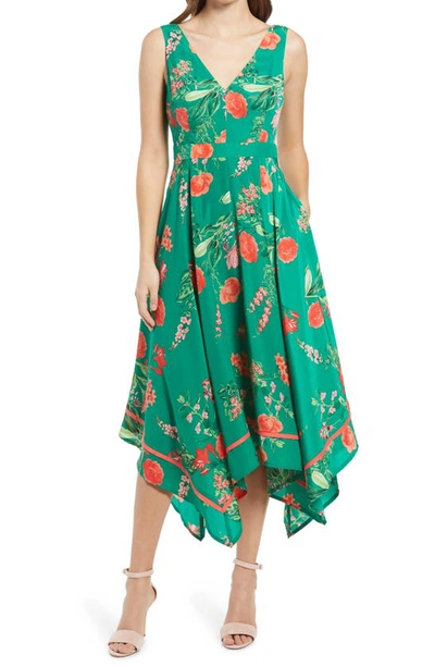 Shop Vince Camuto Floral Handkerchief Hem Midi Dress In Green Multi