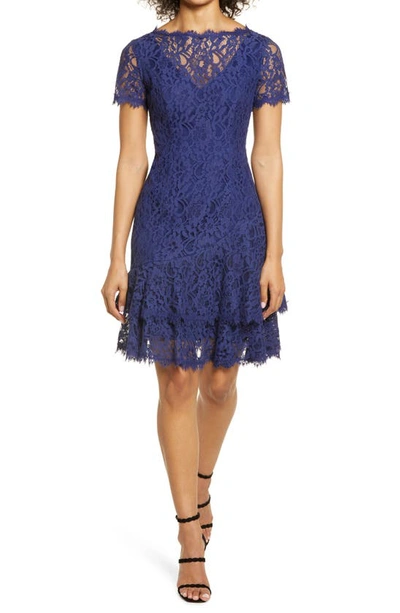 Shop Shani Scalloped Lace Cocktail Dress In Navy