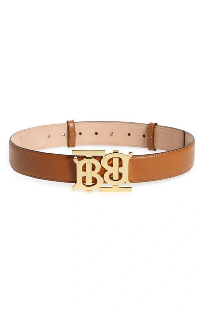 Shop Burberry Double Monogram Motif Leather Belt In Warm Tan