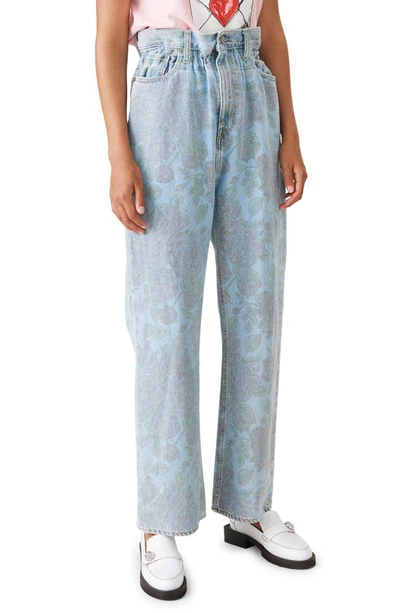 Shop Ganni X Levi's® Floral Print Paperbag Waist Wide Leg Jeans In Light Denim