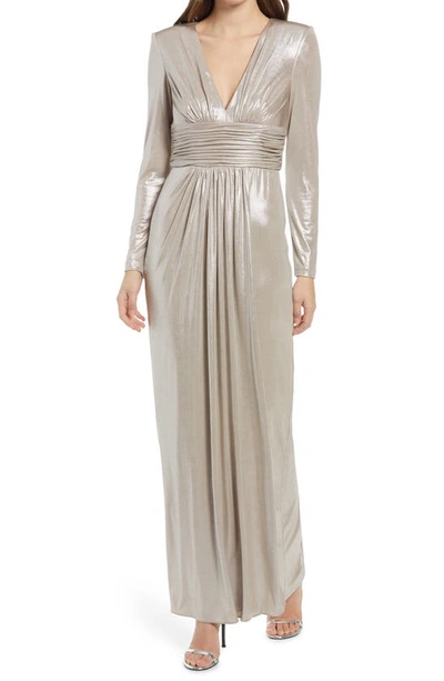 Vince Camuto Petite V-neck Liquid Metallic Gown In Sand/silver | ModeSens