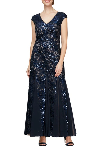 Shop Alex Evenings Sequin & Lace A-line Gown In Navy/ Nude