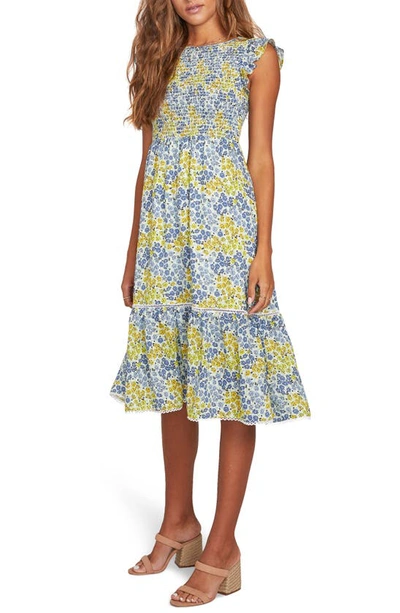 Shop Lost + Wander Blossom & Bloom Floral Smocked Dress In Blue Yellow Floral