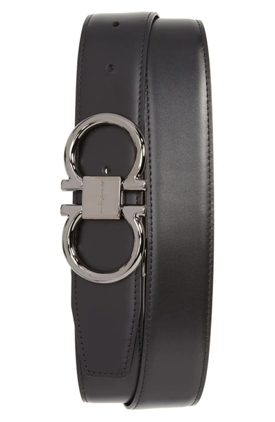 Shop Ferragamo Gancio Reversible Calfskin Leather Belt In Black/ Hickory