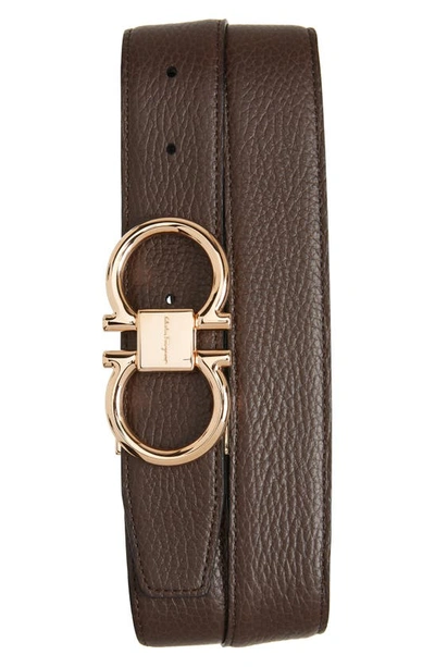 Salvatore Ferragamo Men's Double Adjustable Reversible Gancini Leather Belt Brown