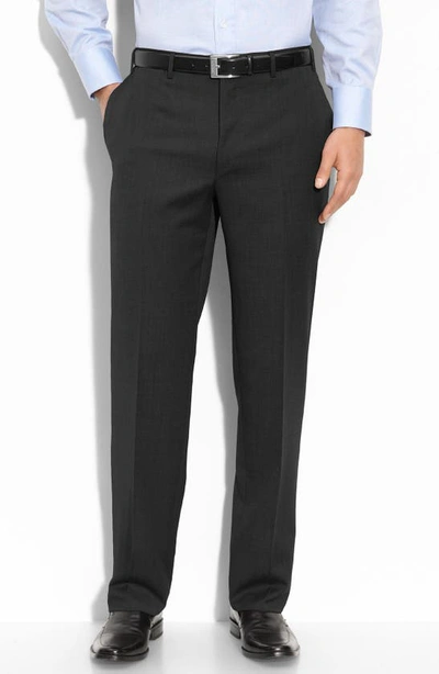 Shop Canali Flat Front Wool Trousers In Black
