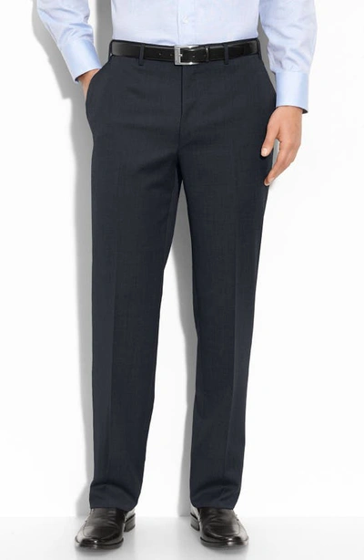 Shop Canali Flat Front Wool Trousers In Navy