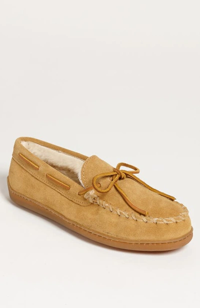 Minnetonka Pile Lined Hardsole Mens Suede Casual Moccasin Slippers In Tan Suede